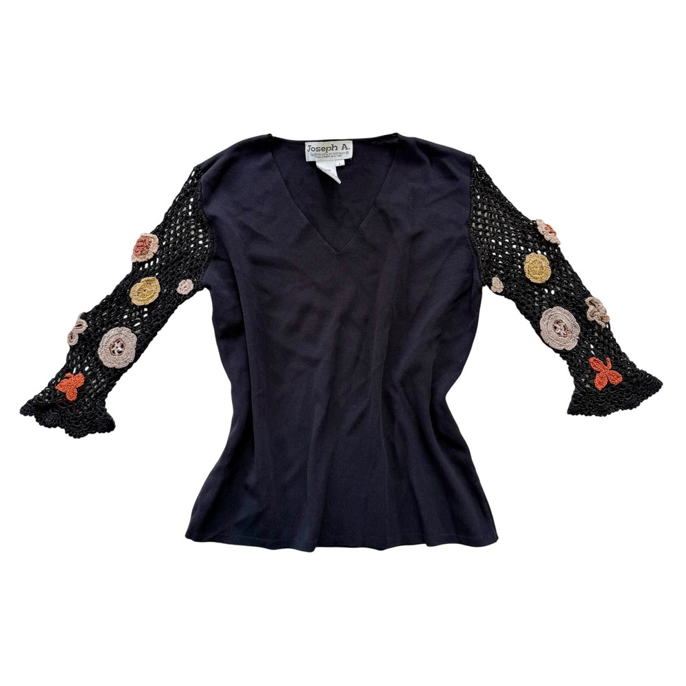 Vintage Joseph A Black Top Womens L Crochet Floral Bell Sleeve V-Neck Y2K Boho